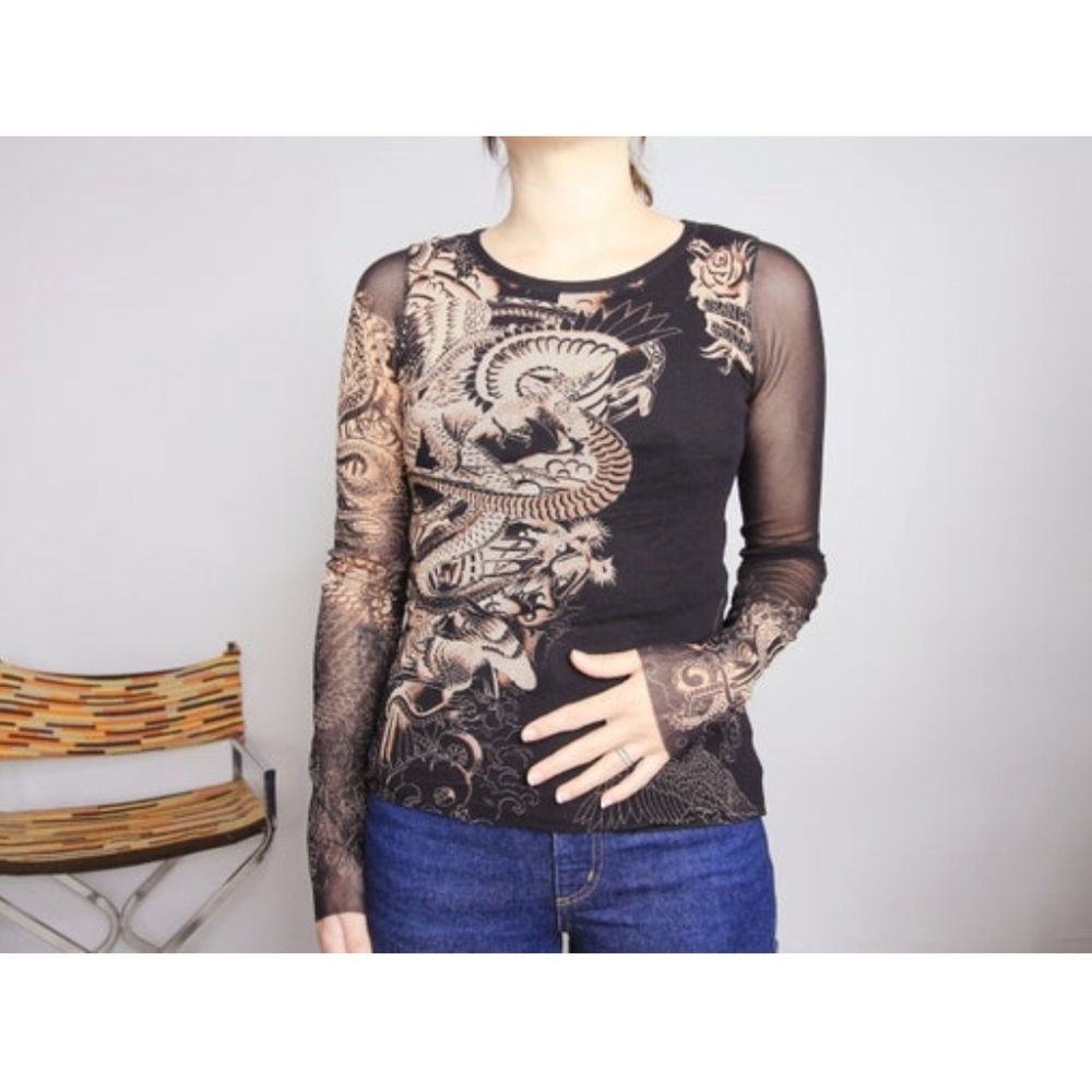 Jean Paul Gaultier Black Mesh Dragon Motif Top